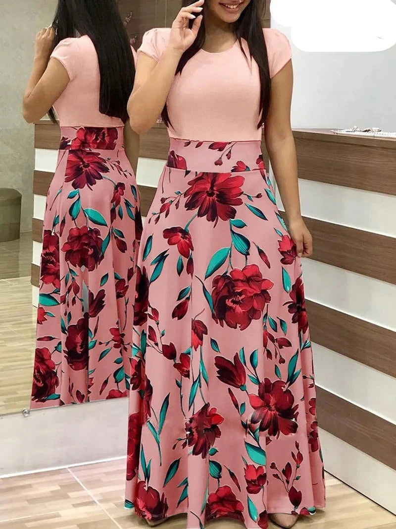 Vestido feminino floral longo elegante Femme